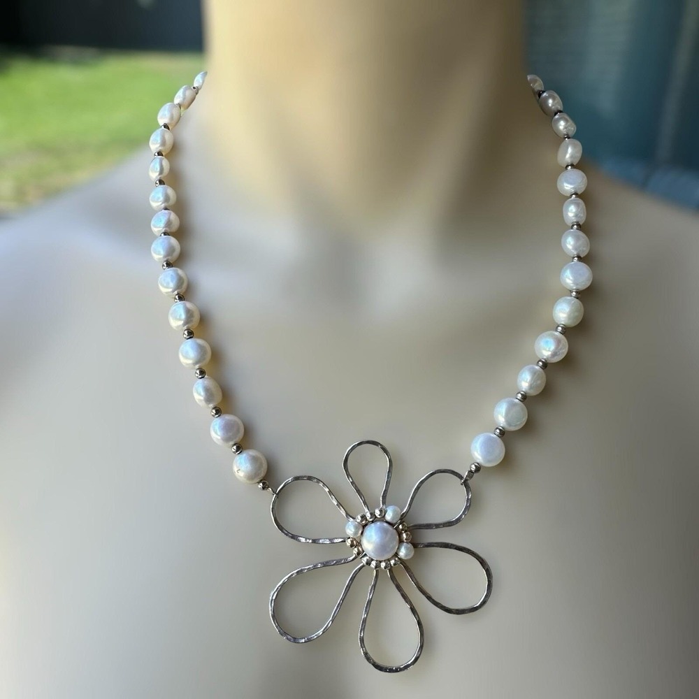 Avi Soffer Pendant Necklace 16 Inch Pearl Flower Israel 14K Gold Sterling 37.3g